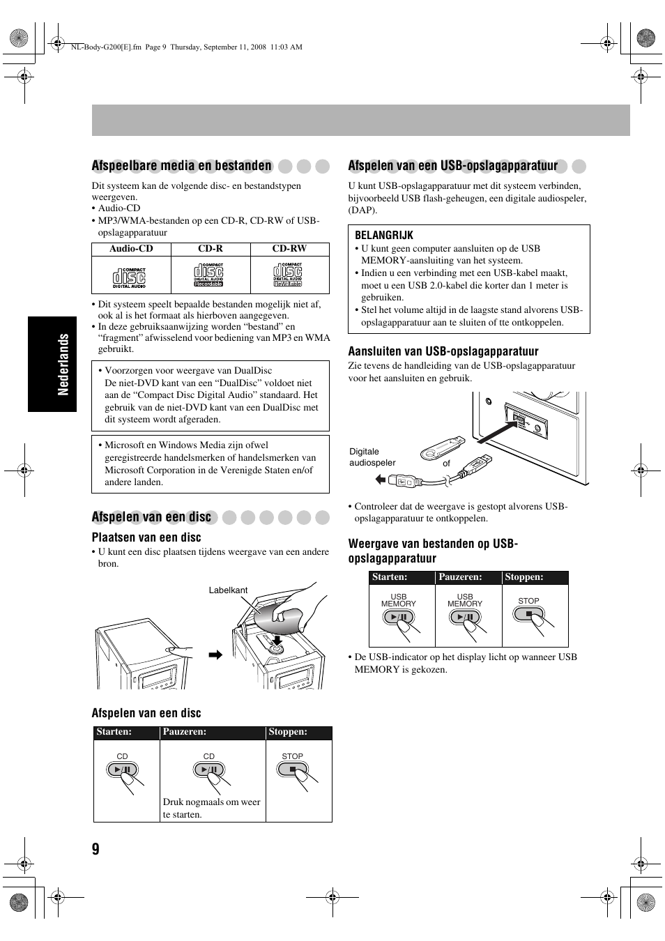 Ne der la nds afspeelbare media en bestanden, Afspelen van een disc, Afspelen van een usb-opslagapparatuur | JVC UX-G200 User Manual | Page 62 / 78