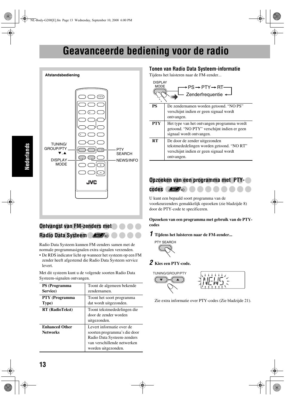 Geavanceerde bediening voor de radio, Ne der la nds, Ontvangst van fm-zenders met radio data systeem | Opzoeken van een programma met pty- codes | JVC UX-G200 User Manual | Page 66 / 78