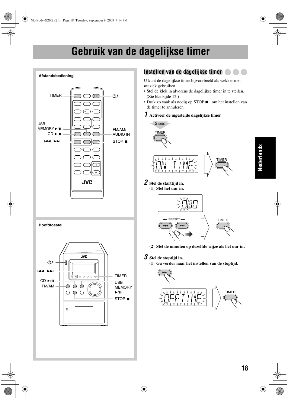 Gebruik van de dagelijkse timer, Nederlands, Instellen van de dagelijkse timer | JVC UX-G200 User Manual | Page 71 / 78