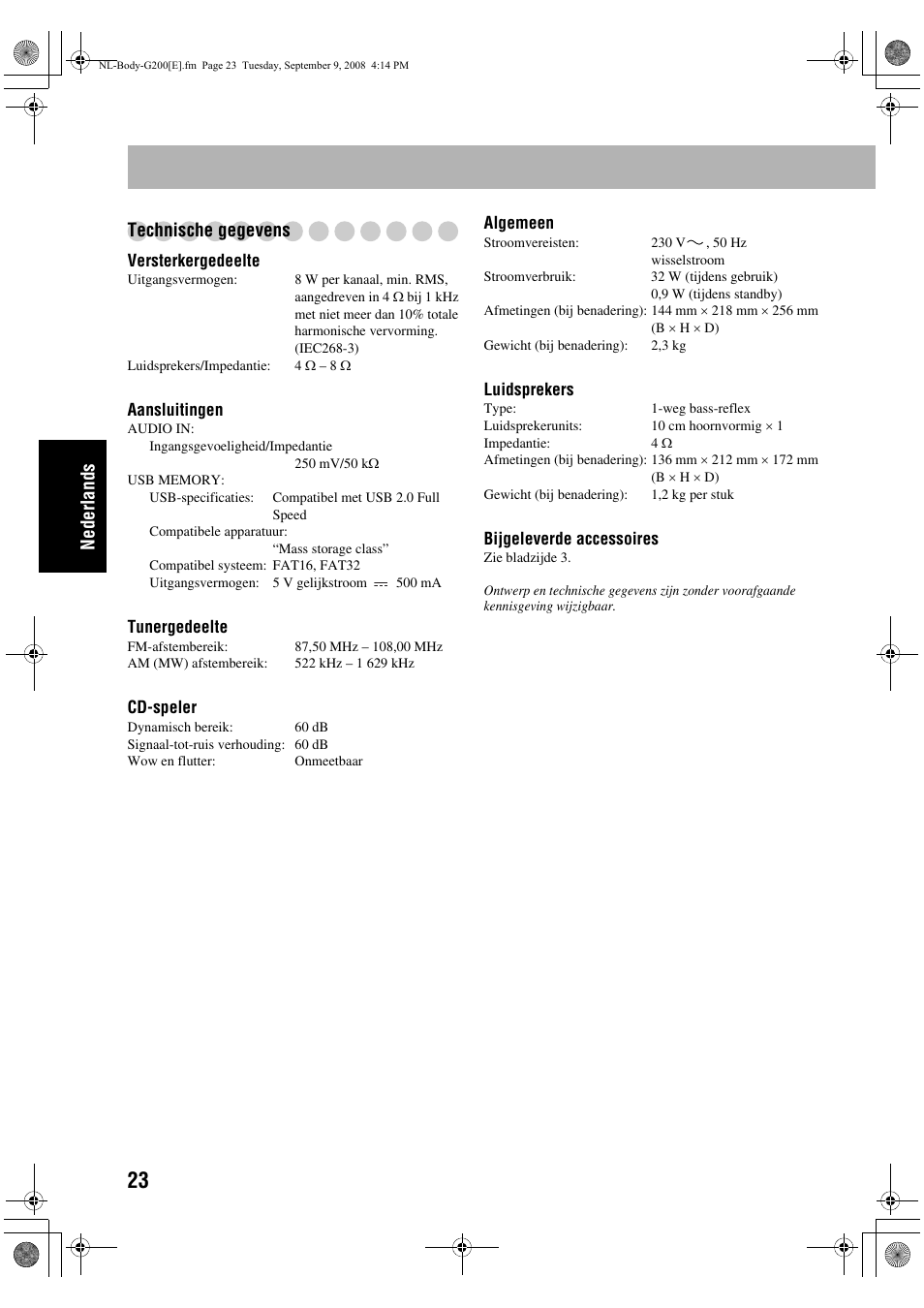 Ne der la nds technische gegevens | JVC UX-G200 User Manual | Page 76 / 78