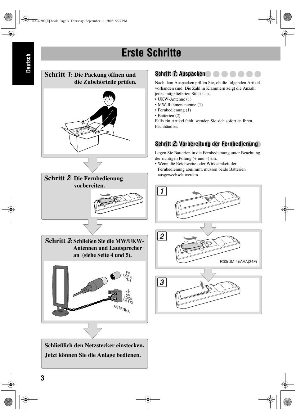 Erste schritte, Schritt 1, Schritt 2 | Schritt 3 | JVC UX-G200 User Manual | Page 8 / 78