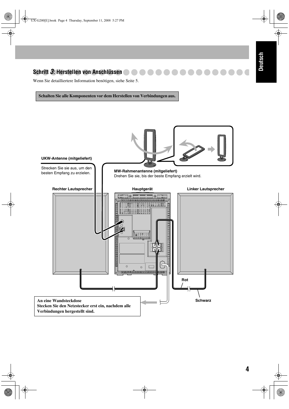 Deutsch schritt, Herstellen von anschlüssen | JVC UX-G200 User Manual | Page 9 / 78