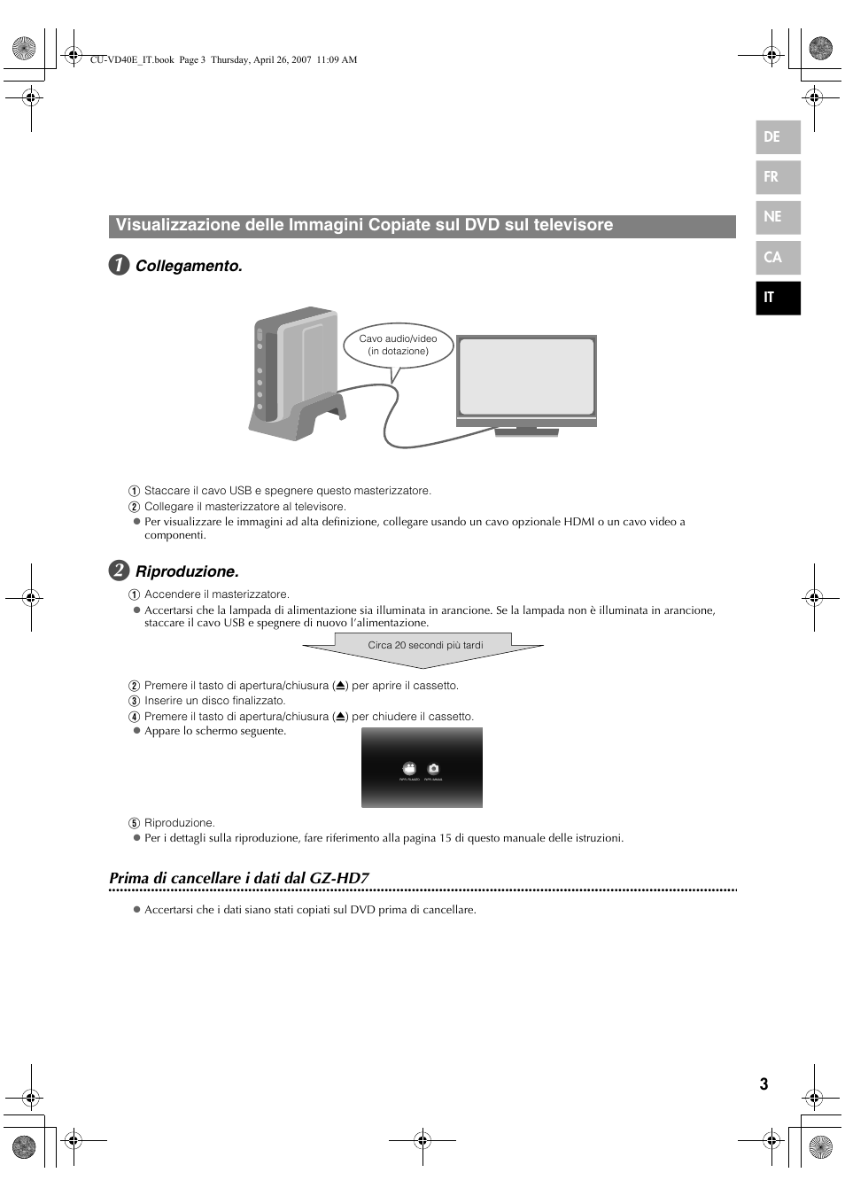Collegamento, Riproduzione, Prima di cancellare i dati dal gz-hd7 | JVC CU-VD40 User Manual | Page 107 / 132