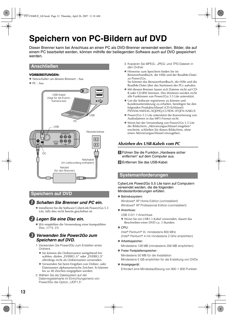 Speichern von pc-bildern auf dvd, Anschließen, Speichern auf dvd | Systemanforderungen, Anschließen speichern auf dvd, Schalten sie brenner und pc ein, Legen sie eine disc ein, Verwenden sie power2go zum speichern auf dvd, Abziehen des usb-kabels vom pc | JVC CU-VD40 User Manual | Page 12 / 132