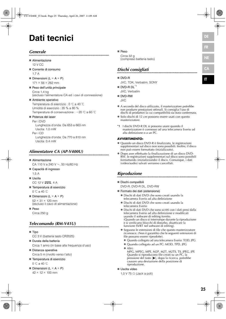 Dati tecnici, Generale, Alimentatore ca (ap-v400u) | Telecomando (rm-v41u), Dischi consigliati, Riproduzione | JVC CU-VD40 User Manual | Page 129 / 132