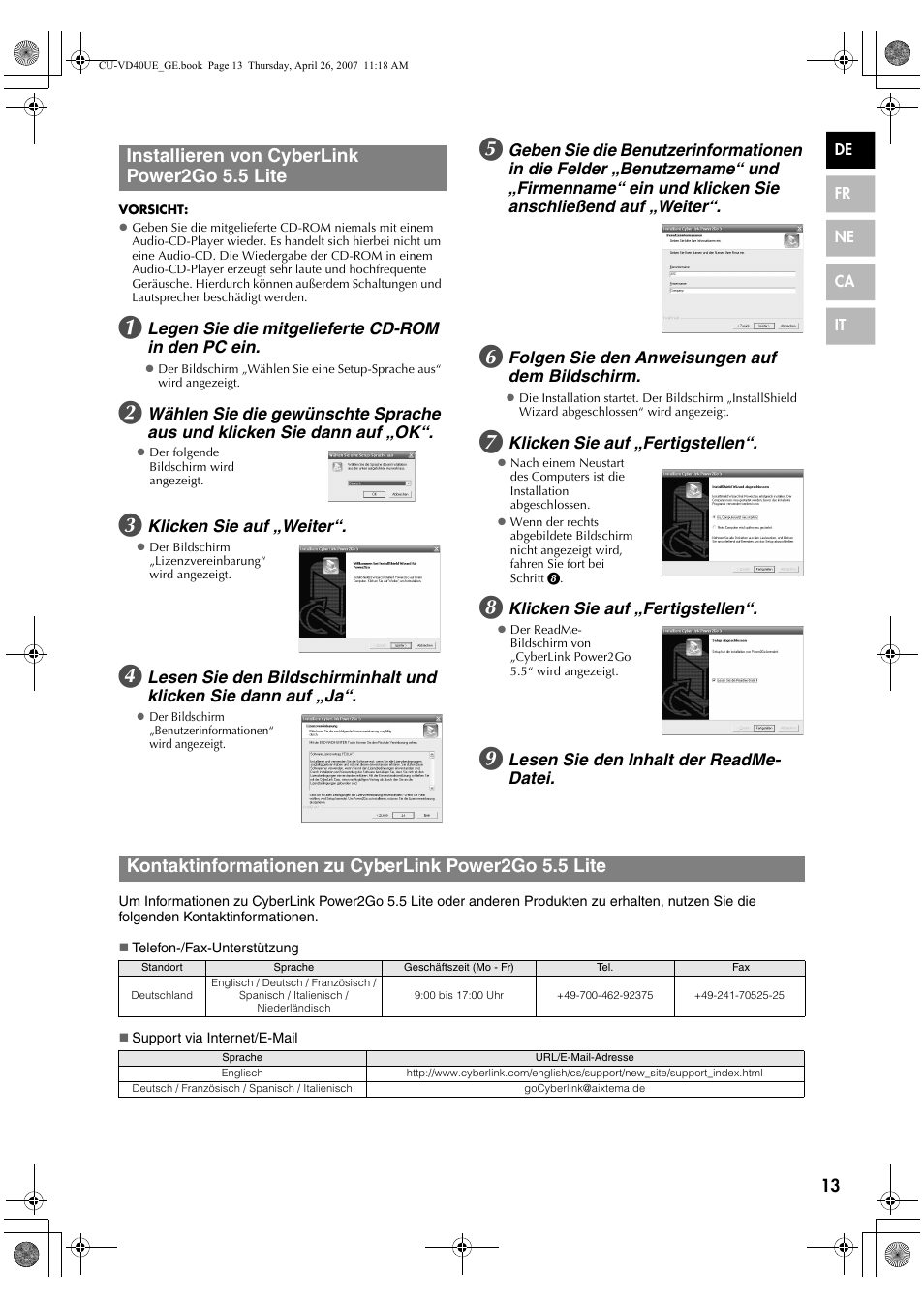 Installieren von cyberlink power2go 5.5 lite | JVC CU-VD40 User Manual | Page 13 / 132