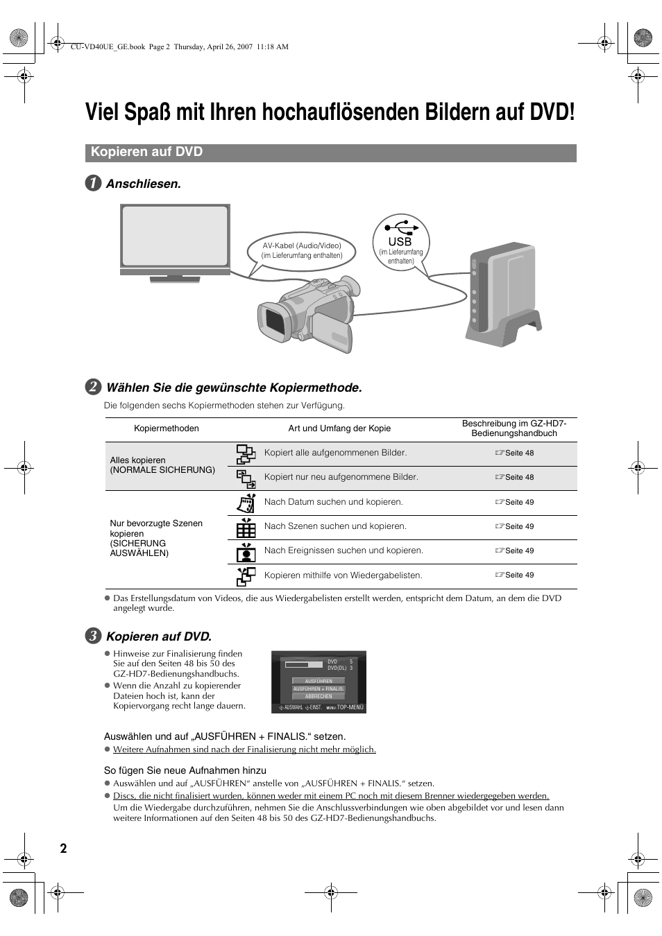 Kopieren auf dvd, Anschliesen, Wählen sie die gewünschte kopiermethode | JVC CU-VD40 User Manual | Page 2 / 132