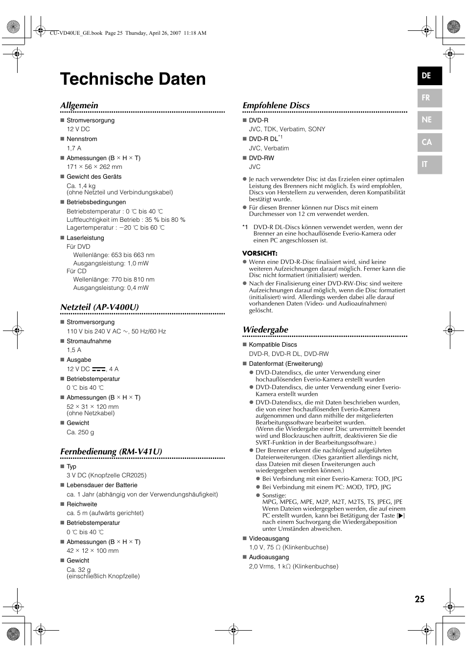 Technische daten, Allgemein, Netzteil (ap-v400u) | Fernbedienung (rm-v41u), Empfohlene discs, Wiedergabe | JVC CU-VD40 User Manual | Page 25 / 132
