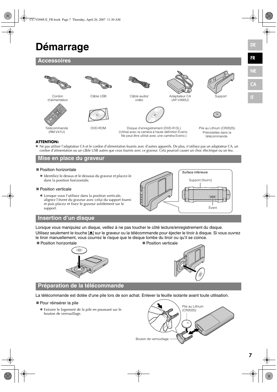 Démarrage, Accessoires, Mise en place du graveur | Insertion d’un disque, Préparation de la télécommande | JVC CU-VD40 User Manual | Page 33 / 132