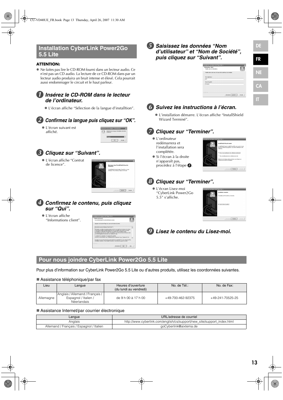 Installation cyberlink power2go 5.5 lite, Pour nous joindre cyberlink power2go 5.5 lite | JVC CU-VD40 User Manual | Page 39 / 132