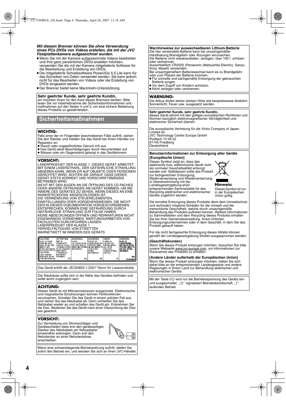 Sicherheitsmaßnahmen | JVC CU-VD40 User Manual | Page 4 / 132