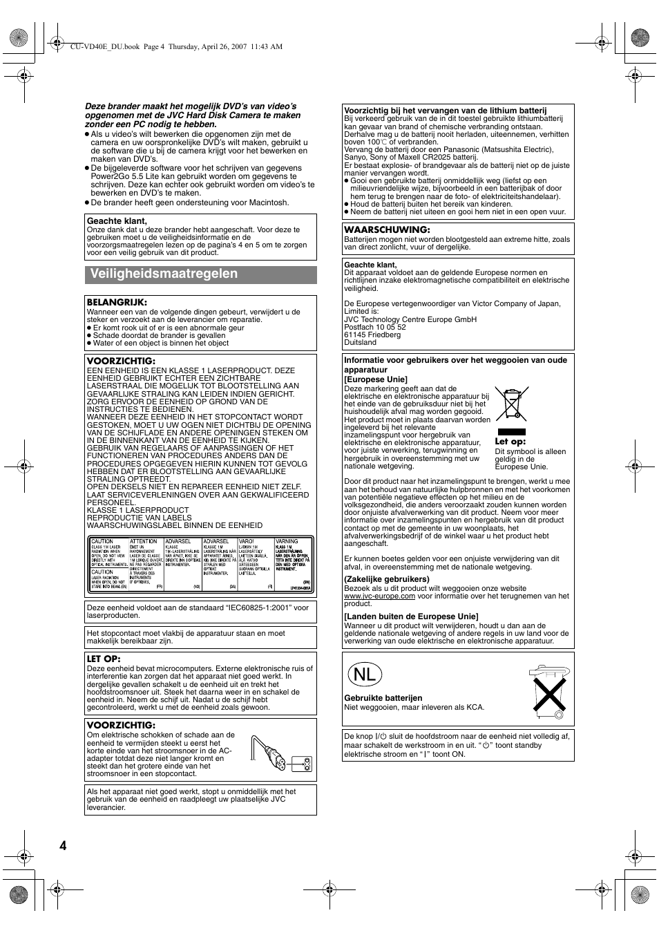 Veiligheidsmaatregelen | JVC CU-VD40 User Manual | Page 56 / 132