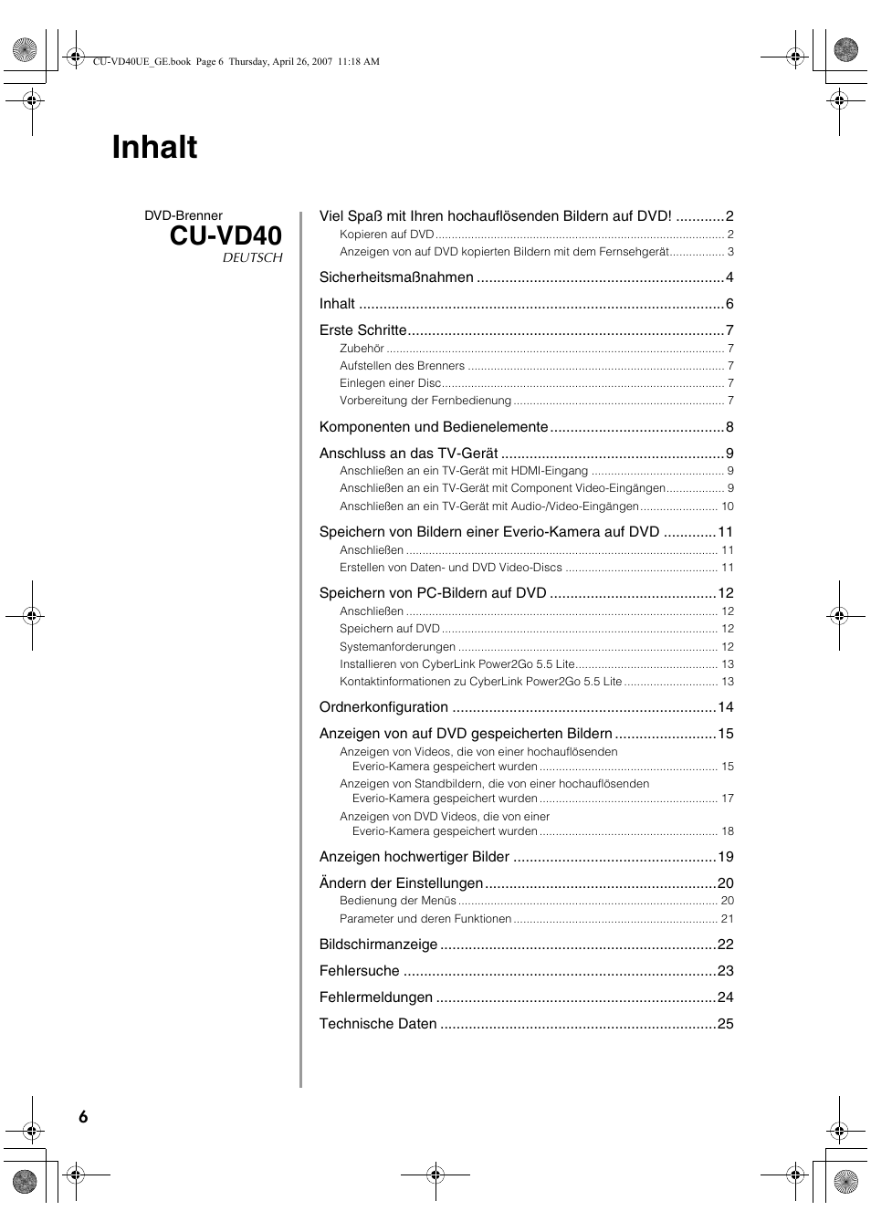 Inhalt, Cu-vd40 | JVC CU-VD40 User Manual | Page 6 / 132
