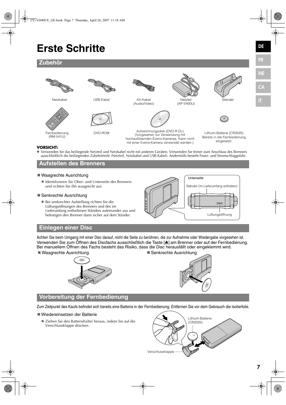 Erste schritte, Zubehör, Aufstellen des brenners | Einlegen einer disc, Vorbereitung der fernbedienung | JVC CU-VD40 User Manual | Page 7 / 132
