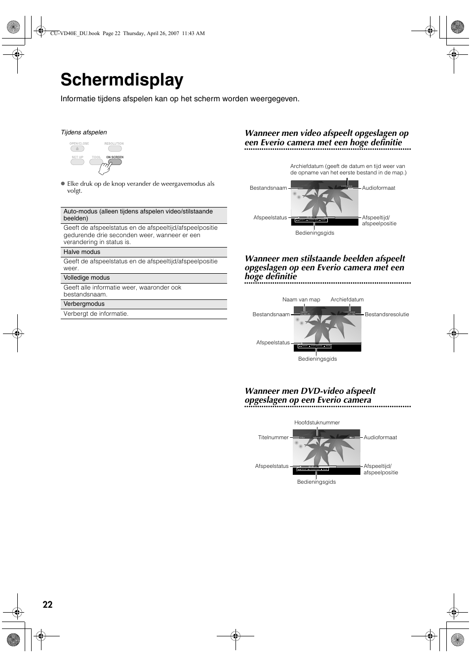 Schermdisplay, Wanneer men video afspeelt opgeslagen op, Hoge definitie wanneer men dvd-video afspeelt | Opgeslagen op een everio camera | JVC CU-VD40 User Manual | Page 74 / 132