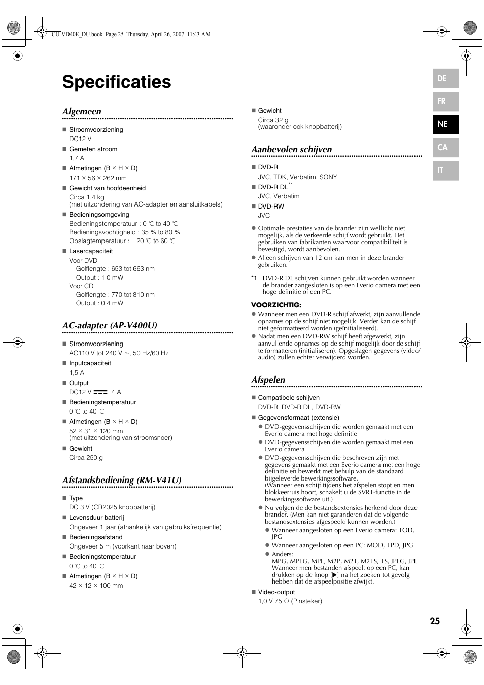 Specificaties, Algemeen, Ac-adapter (ap-v400u) | Afstandsbediening (rm-v41u), Aanbevolen schijven, Afspelen | JVC CU-VD40 User Manual | Page 77 / 132