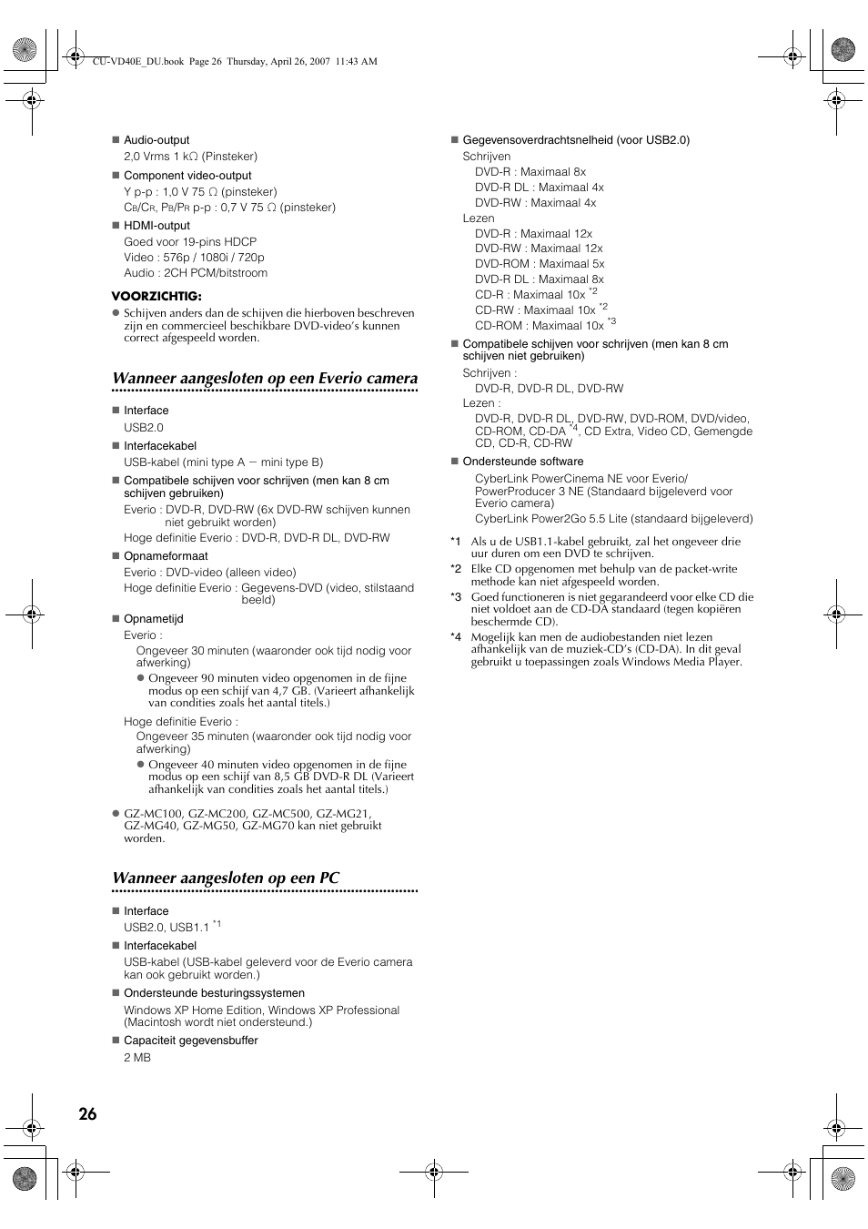 Wanneer aangesloten op een everio camera, Wanneer aangesloten op een pc | JVC CU-VD40 User Manual | Page 78 / 132