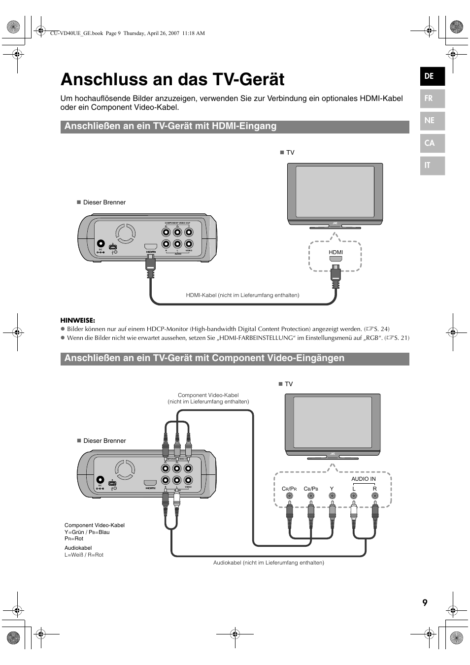 Anschluss an das tv-gerät, Anschließen an ein tv-gerät mit hdmi-eingang, De fr ne ca it | JVC CU-VD40 User Manual | Page 9 / 132