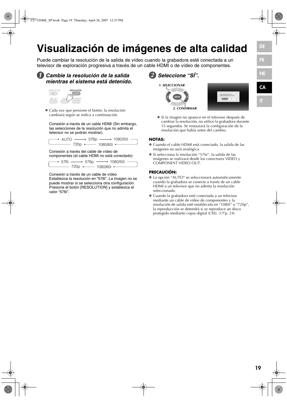 Visualización de imágenes de alta calidad, Seleccione “sí | JVC CU-VD40 User Manual | Page 97 / 132