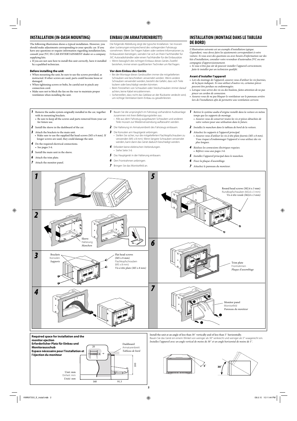 Installation (in-dash mounting), Einbau (im armaturenbrett), Installation (montage dans le tableau de bord) | JVC KW-NX7000 User Manual | Page 2 / 6