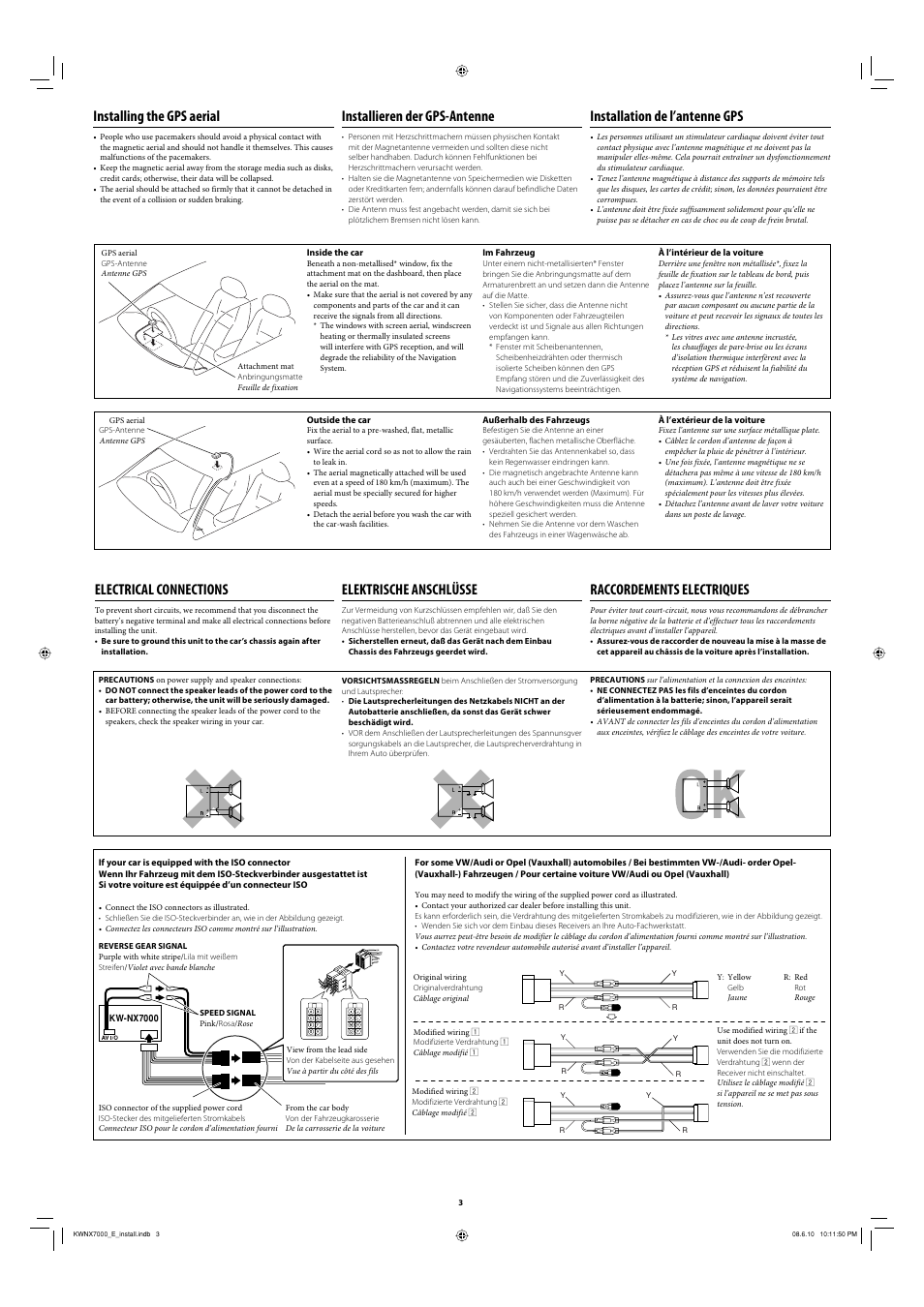 Electrical connections, Elektrische anschlüsse, Raccordements electriques | Installing the gps aerial, Installation de l’antenne gps, Installieren der gps-antenne | JVC KW-NX7000 User Manual | Page 3 / 6