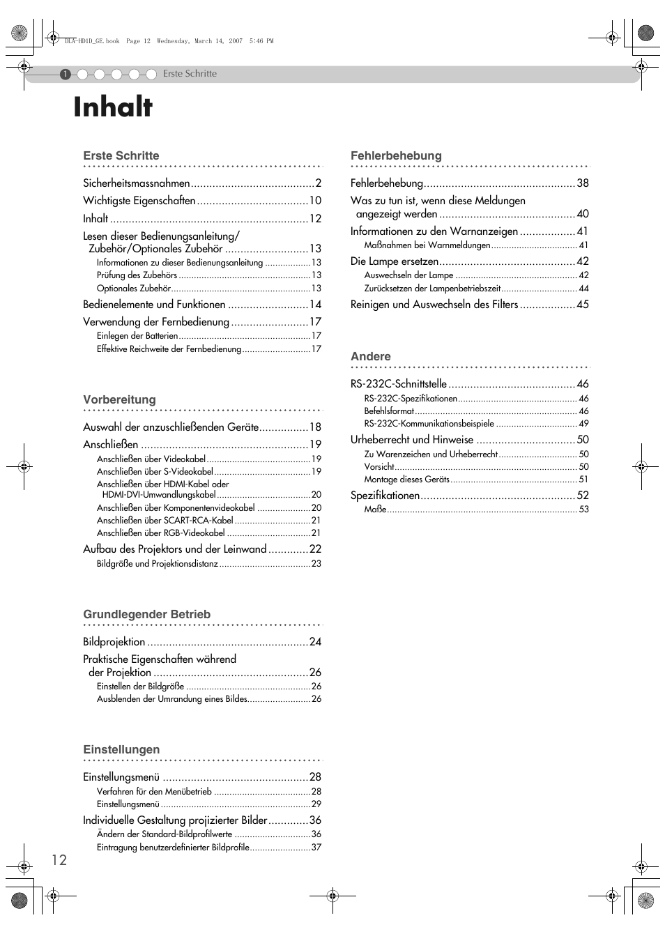 Inhalt | JVC DLA-HD1 User Manual | Page 12 / 108