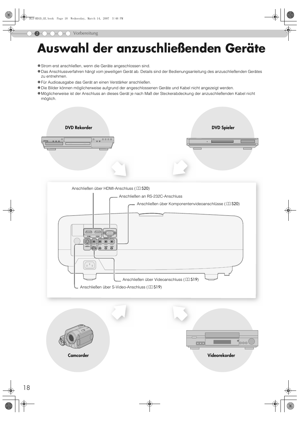 Vorbereitung, Auswahl der anzuschließenden geräte | JVC DLA-HD1 User Manual | Page 18 / 108