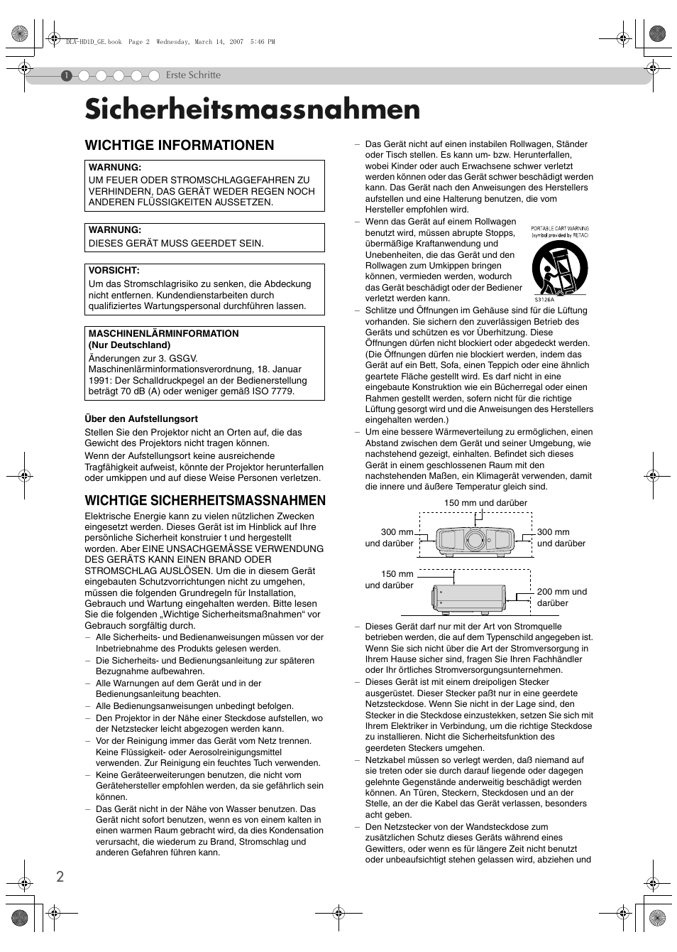 Erste schritte, Sicherheitsmassnahmen, Wichtige informationen | Wichtige sicherheitsmassnahmen | JVC DLA-HD1 User Manual | Page 2 / 108