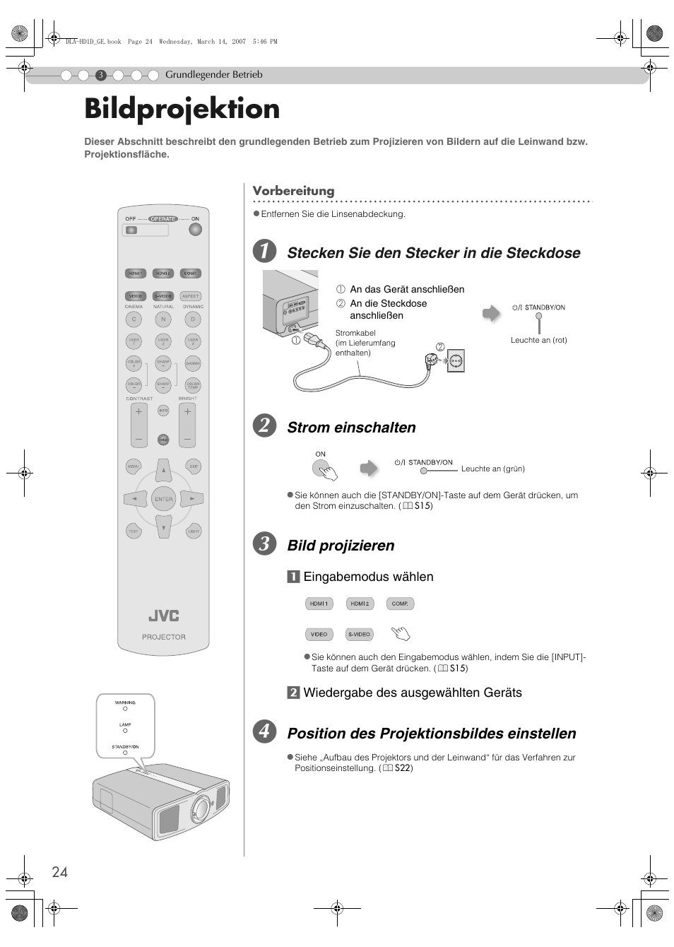 Grundlegender betrieb, Bildprojektion, Stecken sie den stecker in die steckdose | Strom einschalten, Bild projizieren, Position des projektionsbildes einstellen | JVC DLA-HD1 User Manual | Page 24 / 108