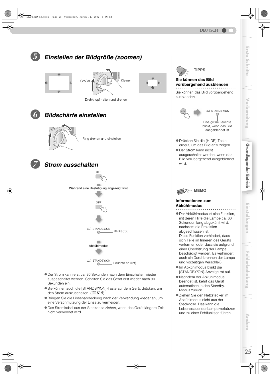 Einstellen der bildgröße (zoomen), Bildschärfe einstellen, Strom ausschalten | JVC DLA-HD1 User Manual | Page 25 / 108