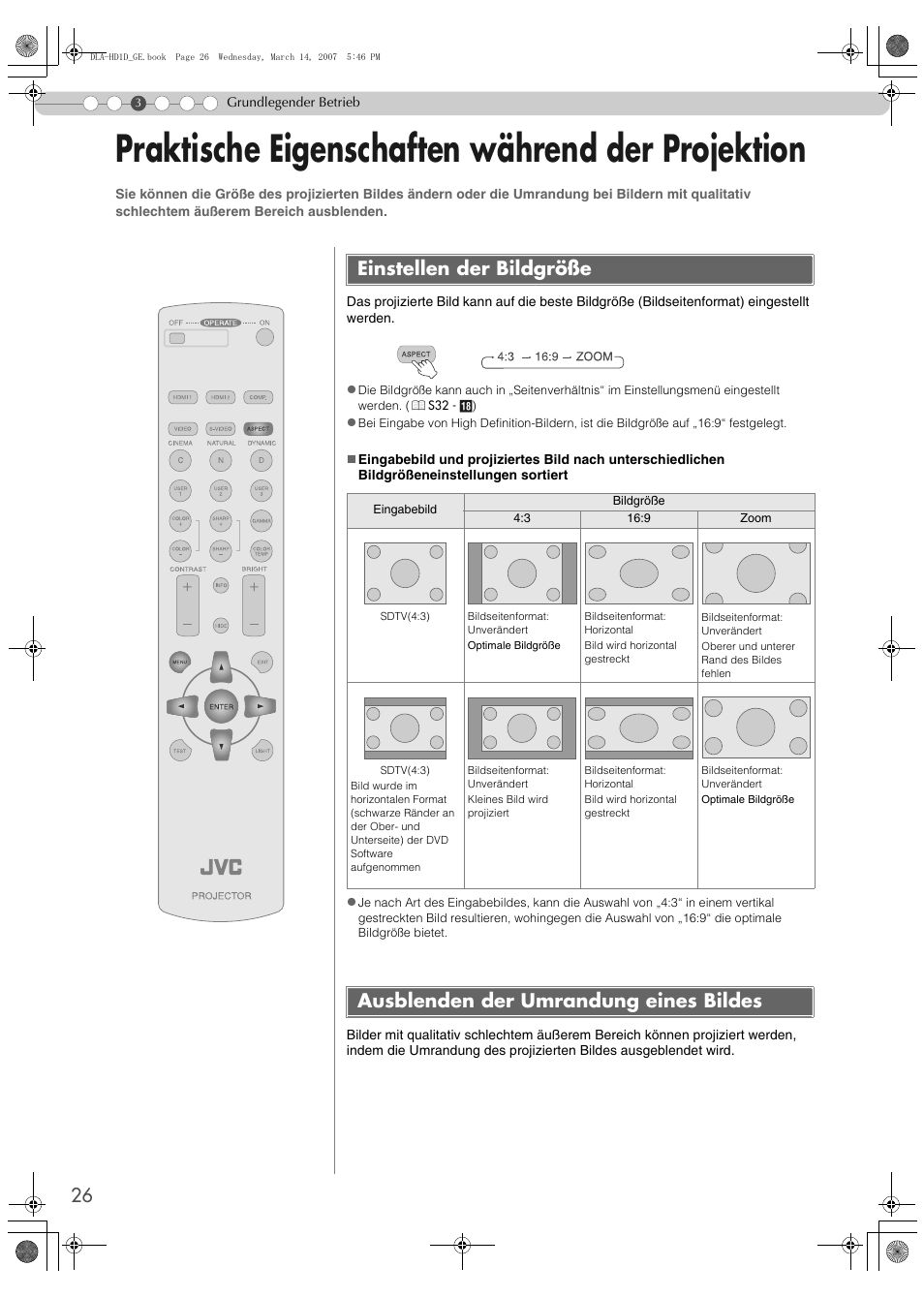 Praktische eigenschaften während der projektion, Einstellen der bildgröße, Ausblenden der umrandung eines bildes | Praktische eigenschaften während, Der projektion | JVC DLA-HD1 User Manual | Page 26 / 108