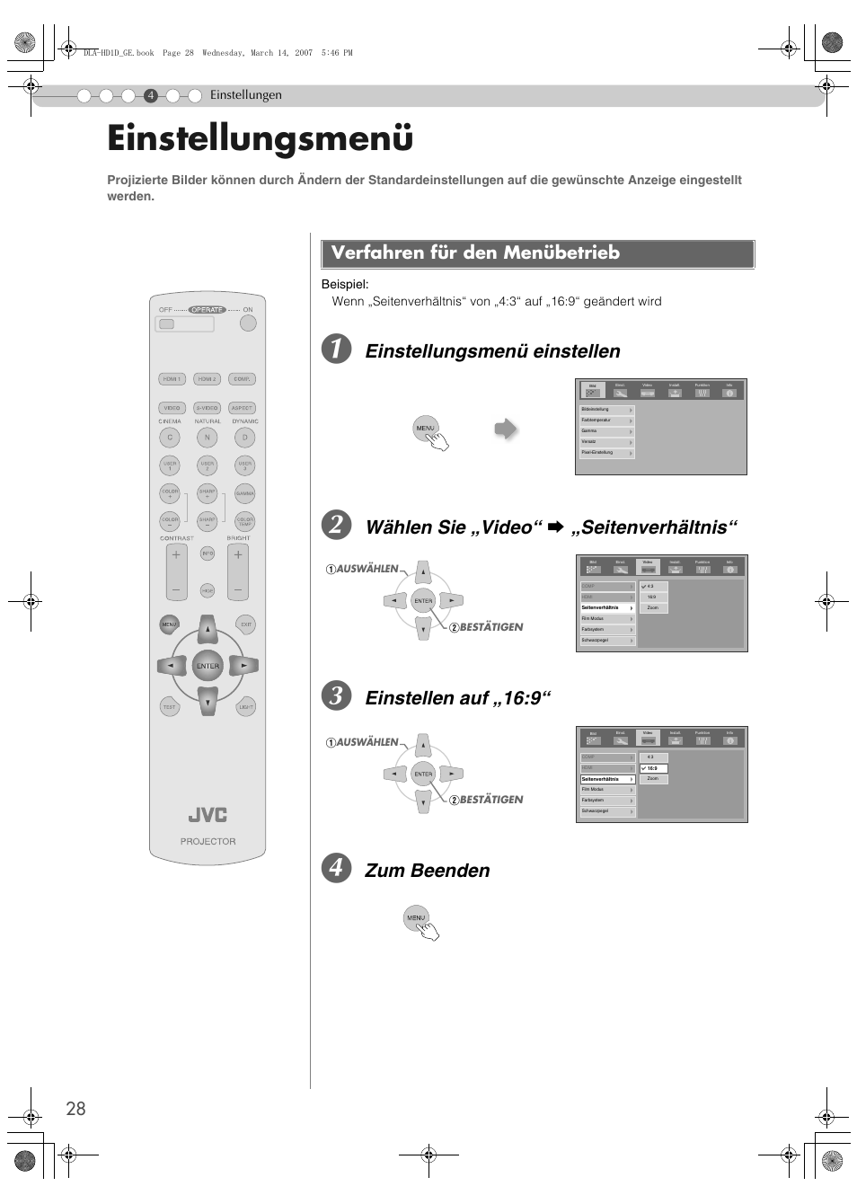 Einstellungen, Einstellungsmenü, Verfahren für den menübetrieb | Einstellungsmenü einstellen, Wählen sie „video“ g „seitenverhältnis, Einstellen auf „16:9, Zum beenden | JVC DLA-HD1 User Manual | Page 28 / 108