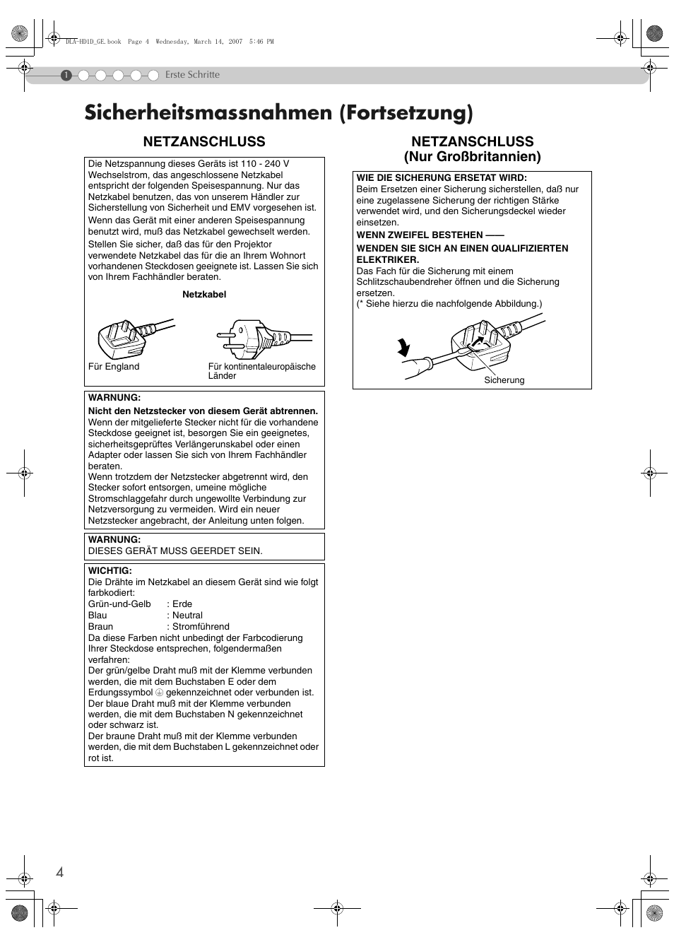 Sicherheitsmassnahmen (fortsetzung), Netzanschluss, Netzanschluss (nur großbritannien) | JVC DLA-HD1 User Manual | Page 4 / 108