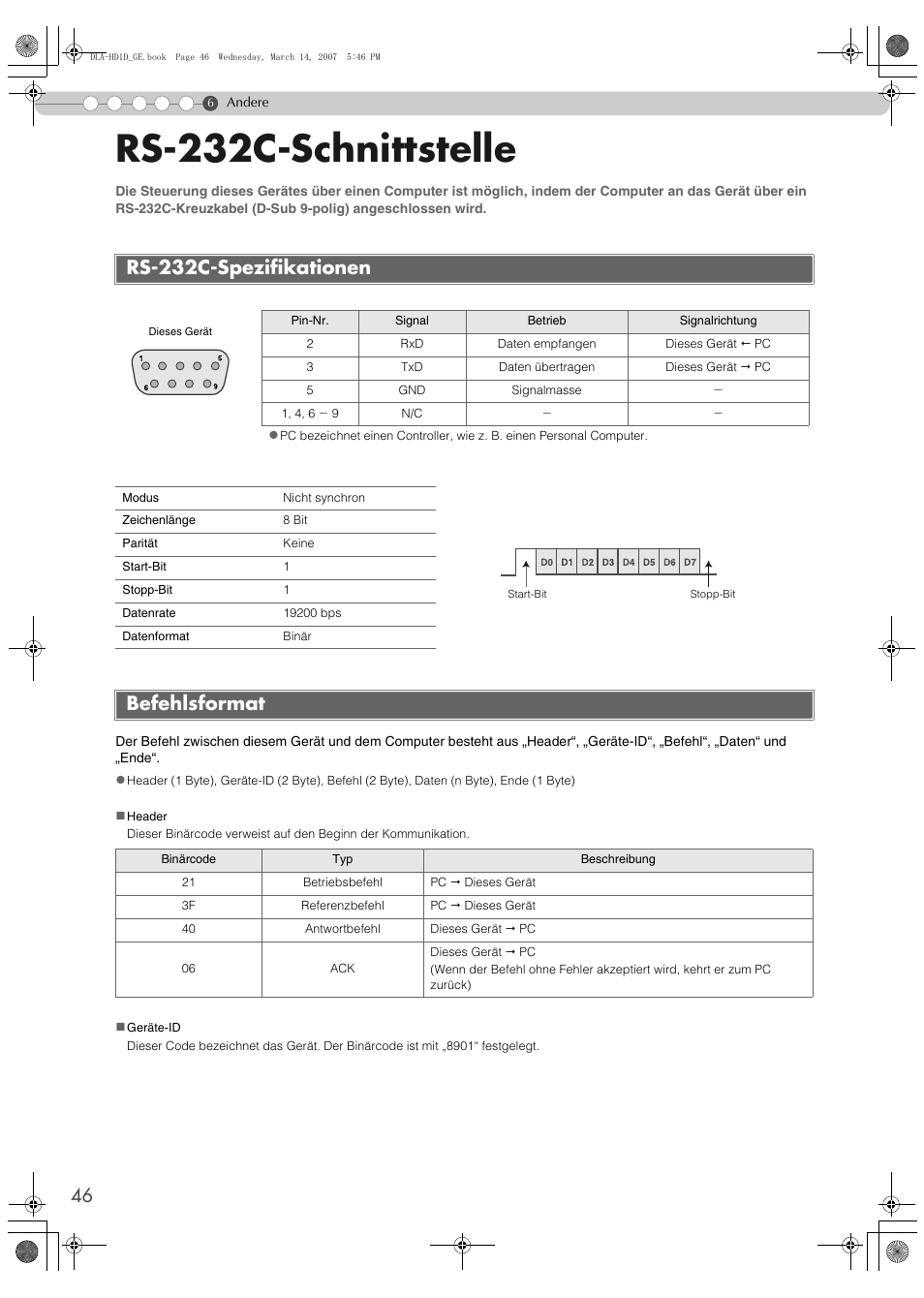 Andere, Rs-232c-schnittstelle, Rs-232c-spezifikationen | Befehlsformat, Rs-232c-spezifikationen befehlsformat | JVC DLA-HD1 User Manual | Page 46 / 108