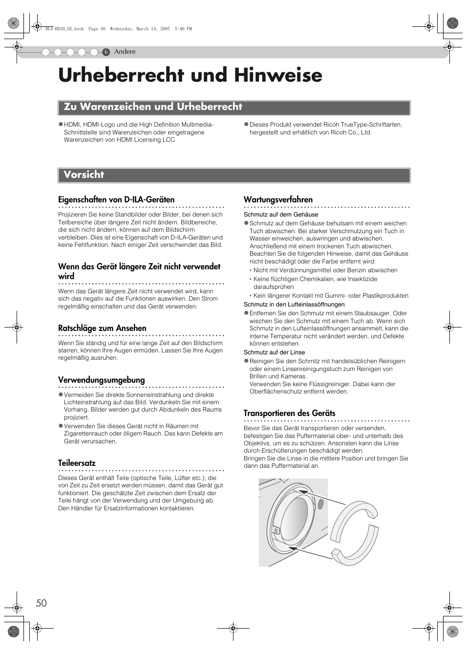 Urheberrecht und hinweise, Zu warenzeichen und urheberrecht, Vorsicht | Zu warenzeichen und urheberrecht vorsicht | JVC DLA-HD1 User Manual | Page 50 / 108