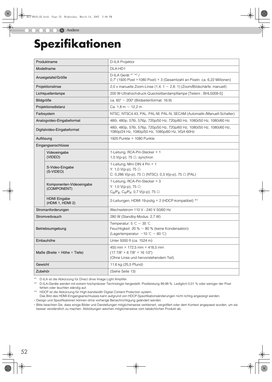 Spezifikationen | JVC DLA-HD1 User Manual | Page 52 / 108