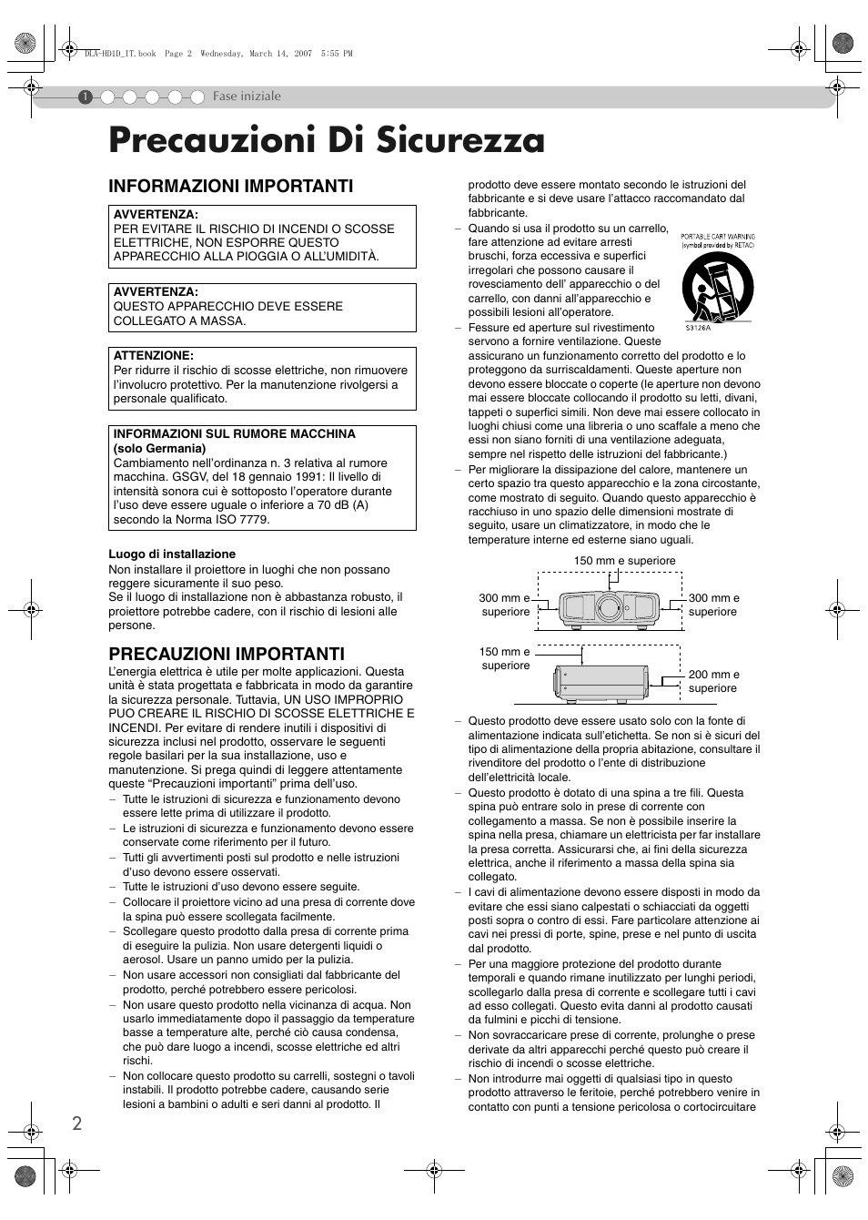 Fase iniziale, Precauzioni di sicurezza, Informazioni importanti | Precauzioni importanti | JVC DLA-HD1 User Manual | Page 56 / 108