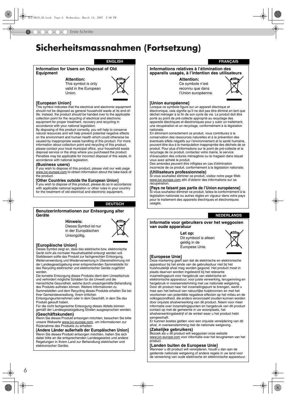 Sicherheitsmassnahmen (fortsetzung) | JVC DLA-HD1 User Manual | Page 6 / 108