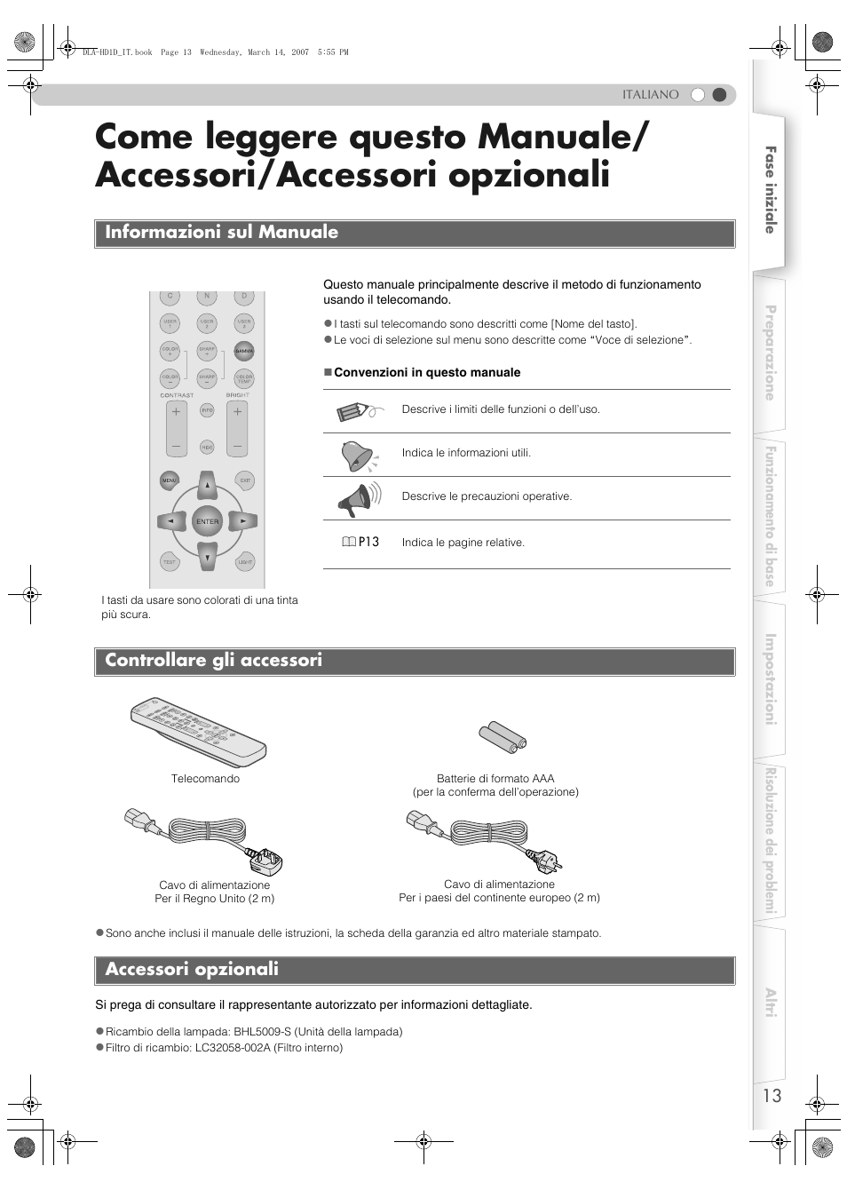 Informazioni sul manuale, Controllare gli accessori, Accessori opzionali | Come leggere questo manuale, Accessori/accessori opzionali, Controllare gli accessori accessori opzionali | JVC DLA-HD1 User Manual | Page 67 / 108