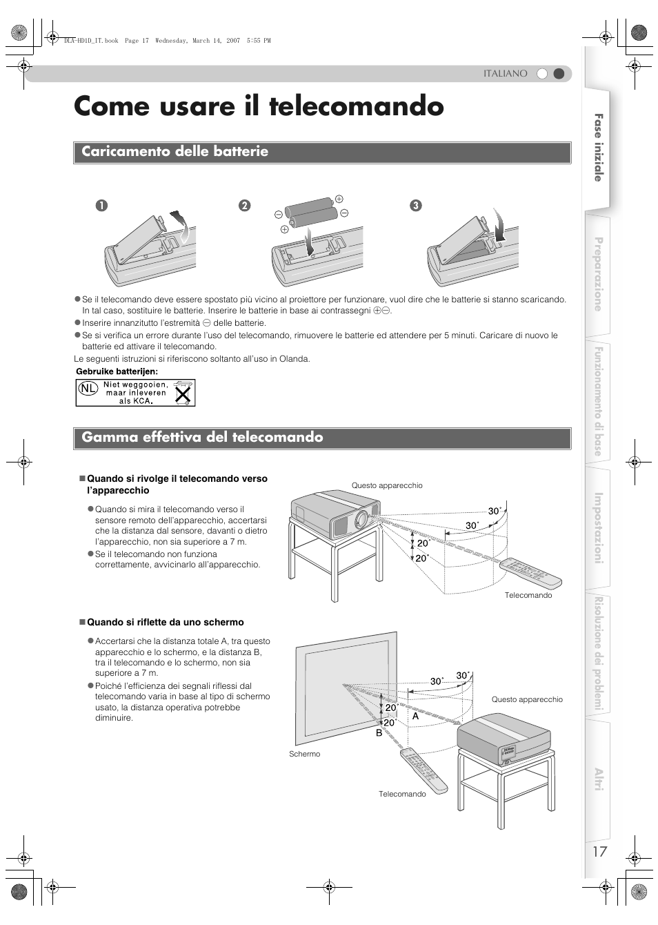 Come usare il telecomando, Caricamento delle batterie, Gamma effettiva del telecomando | JVC DLA-HD1 User Manual | Page 71 / 108