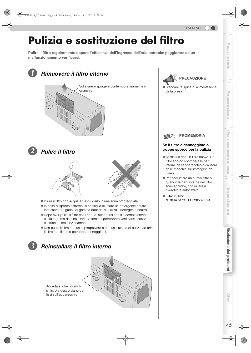 Pulizia e sostituzione del filtro, Rimuovere il filtro interno, Pulire il filtro | Reinstallare il filtro interno | JVC DLA-HD1 User Manual | Page 99 / 108
