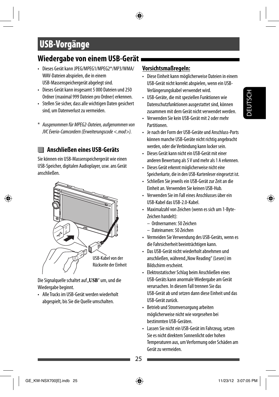 Usb-vorgänge, Wiedergabe von einem usb-gerät, Anschließen eines usb-geräts | JVC KW-NSX700 User Manual | Page 101 / 309