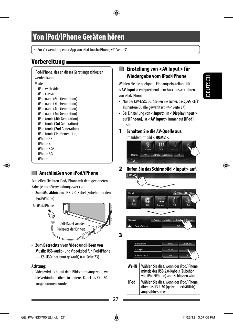 Von ipod/iphone geräten hören, Vorbereitung | JVC KW-NSX700 User Manual | Page 103 / 309