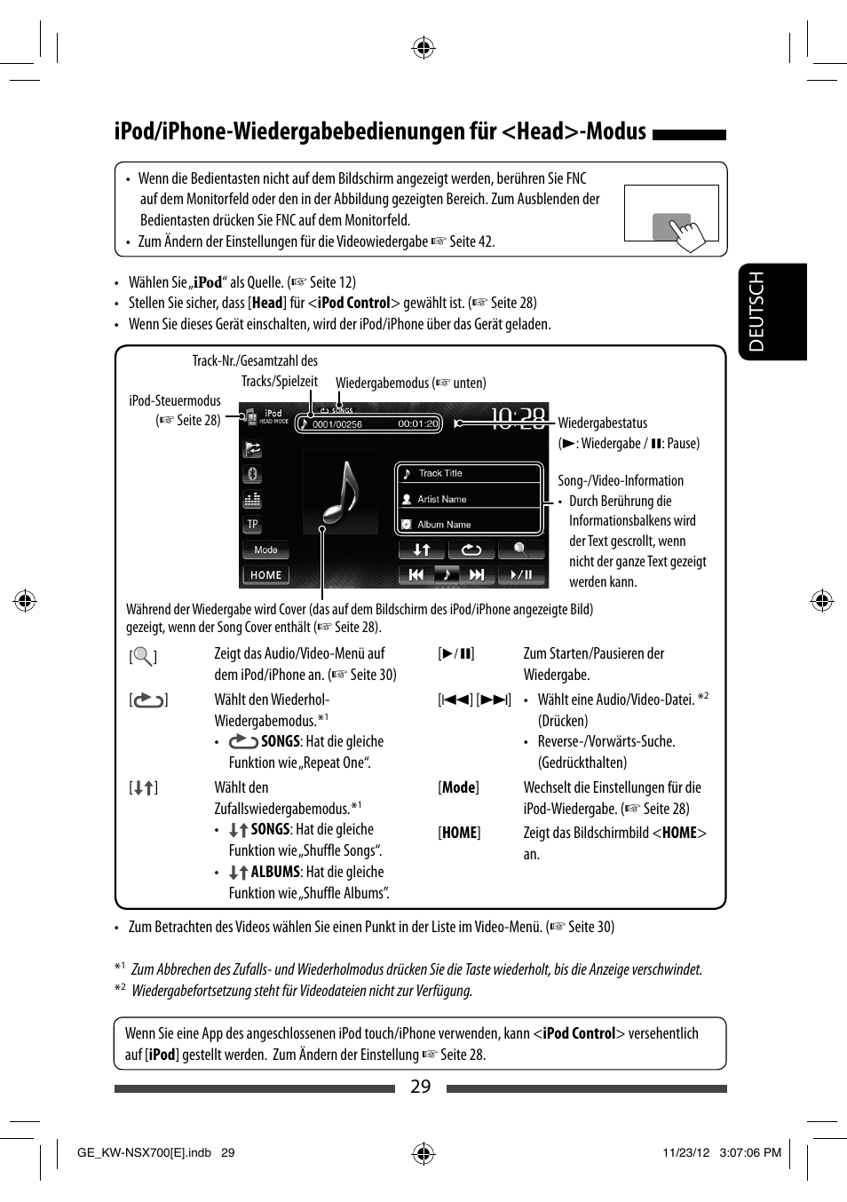 Ipod/iphone-wiedergabebedienungen für <head>-modus, 29 deut sch | JVC KW-NSX700 User Manual | Page 105 / 309