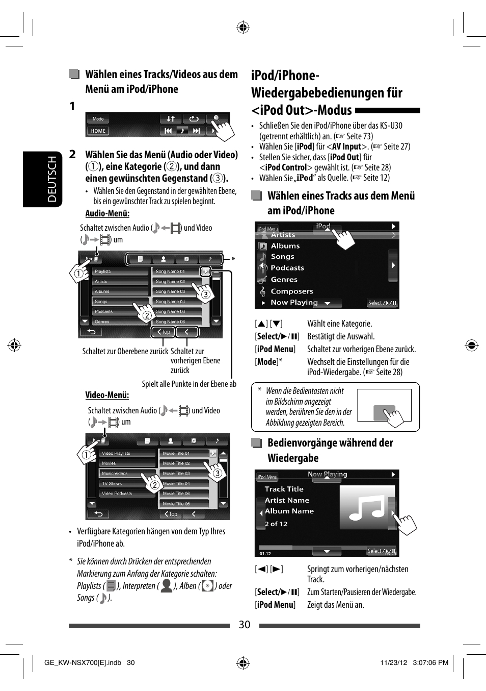 Wählen eines tracks aus dem menü am ipod/iphone, Bedienvorgänge während der wiedergabe | JVC KW-NSX700 User Manual | Page 106 / 309