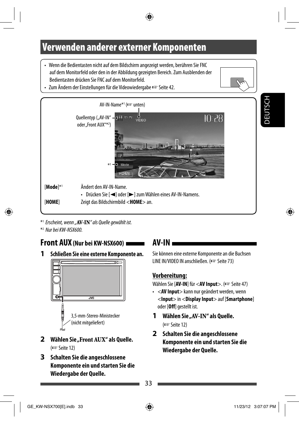 Verwenden anderer externer komponenten, Av-in front aux | JVC KW-NSX700 User Manual | Page 109 / 309