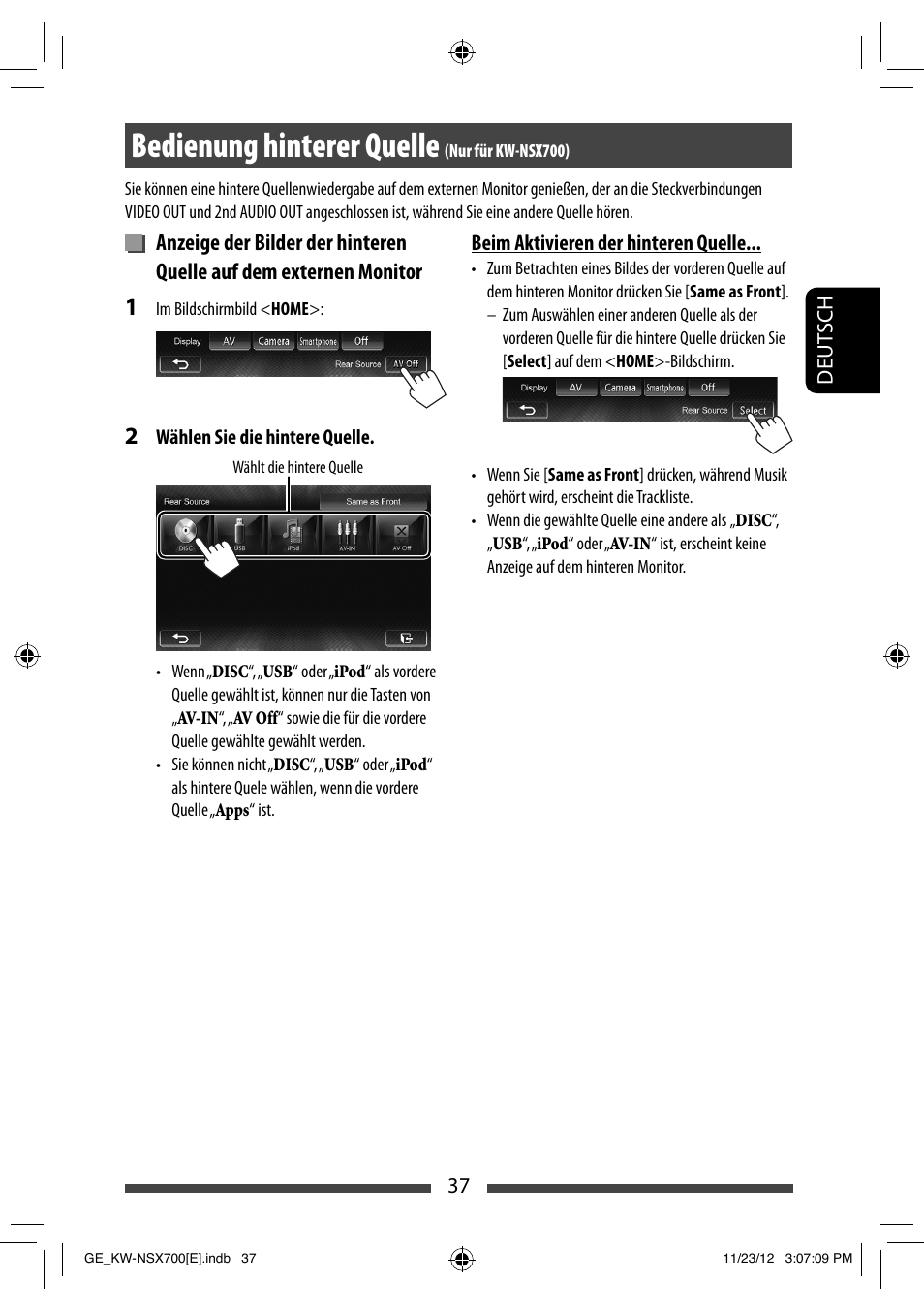 Bedienung hinterer quelle | JVC KW-NSX700 User Manual | Page 113 / 309