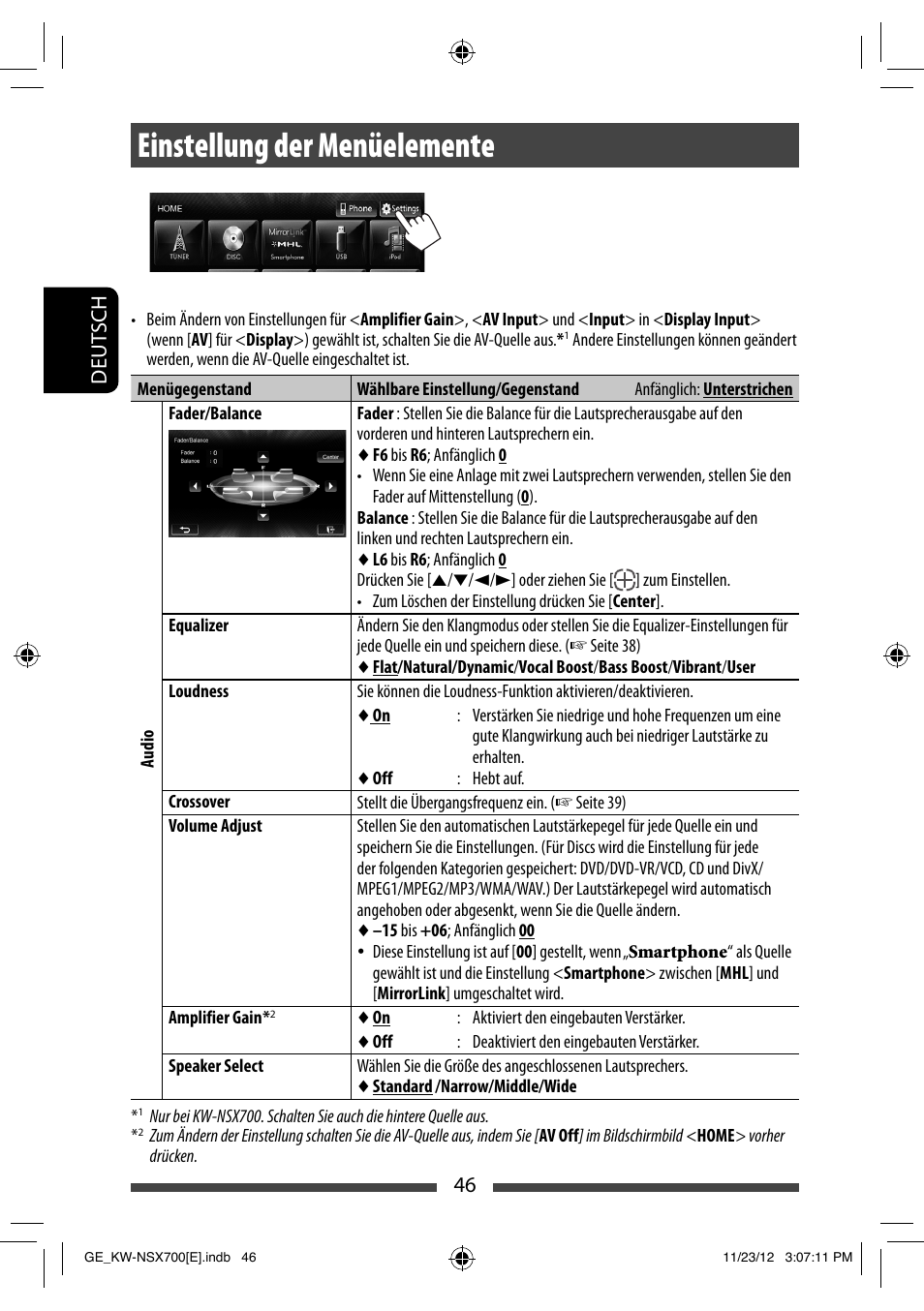 Einstellung der menüelemente, 46 deut sch | JVC KW-NSX700 User Manual | Page 122 / 309