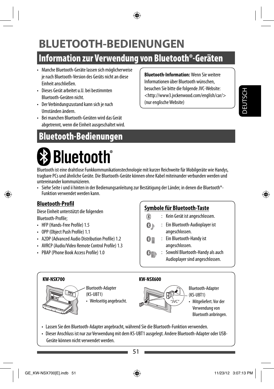 Bluetooth-bedienungen, Information zur verwendung von bluetooth®-geräten | JVC KW-NSX700 User Manual | Page 127 / 309