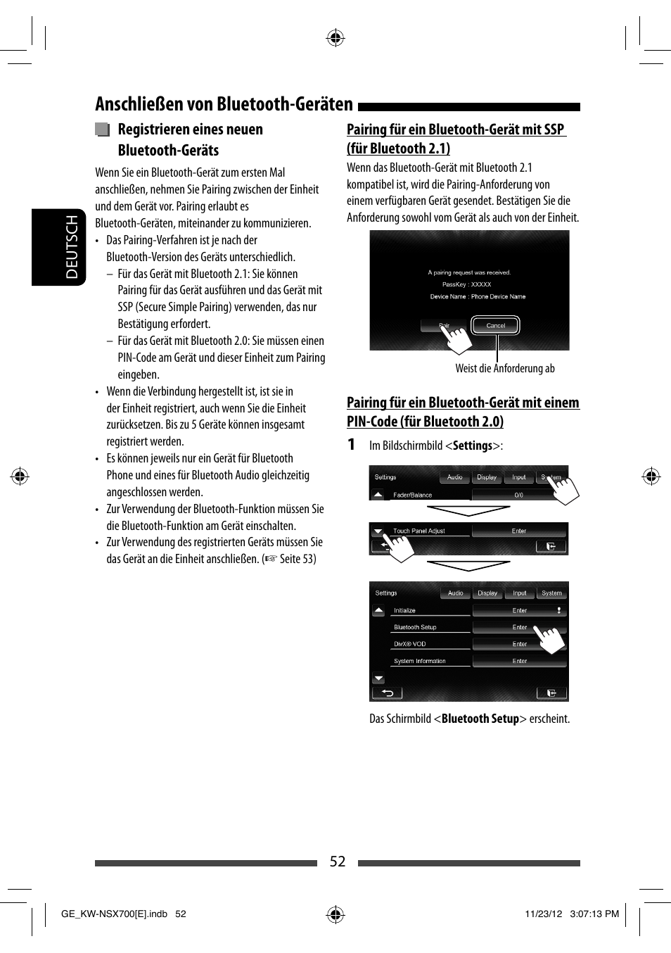 Anschließen von bluetooth-geräten, Registrieren eines neuen bluetooth-geräts | JVC KW-NSX700 User Manual | Page 128 / 309